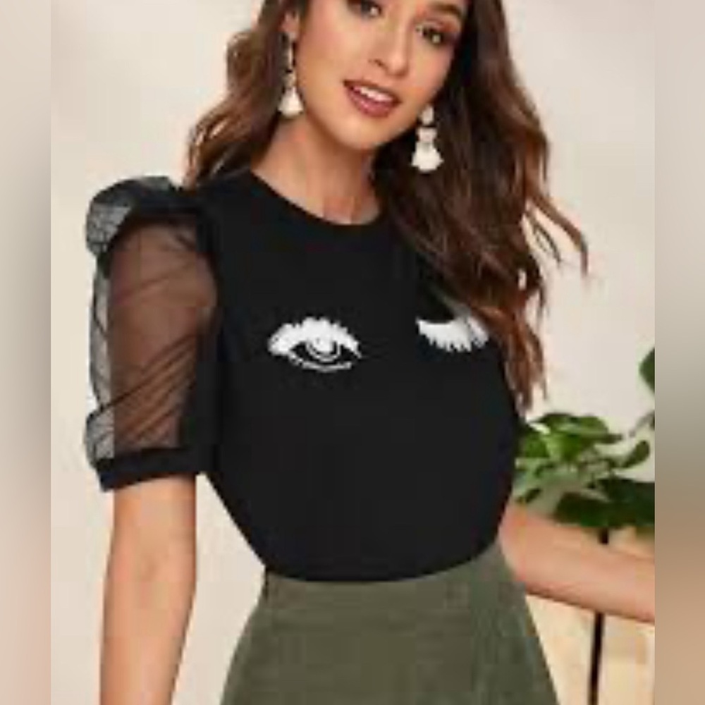 Shein Women’s Mesh Puff Sleeve Wink Eyes Print Top Black Size Large